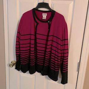 Liz Baker 2 piece sweater set. Dark fushia & black stripes. Size L.